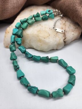 Antique Necklace Genuine Turquoise Stones 14K White Gold Filled Chain